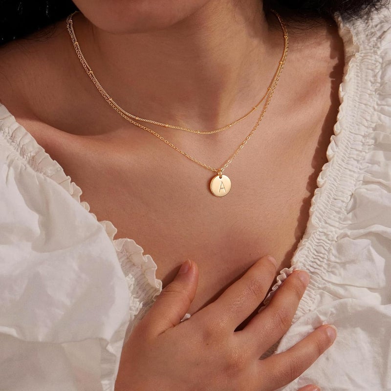IEFWELL Valentines Gifts - Initial Necklaces for Women Girls, 14K Gold-Plated Silver Double Side Engraved Hammered Coin Necklaces, Layered Necklace Jewelry Pendant for Teen Girls - Image 2